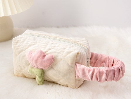 Corduroy Flower Makeup Bag Set for Travel and Beauty